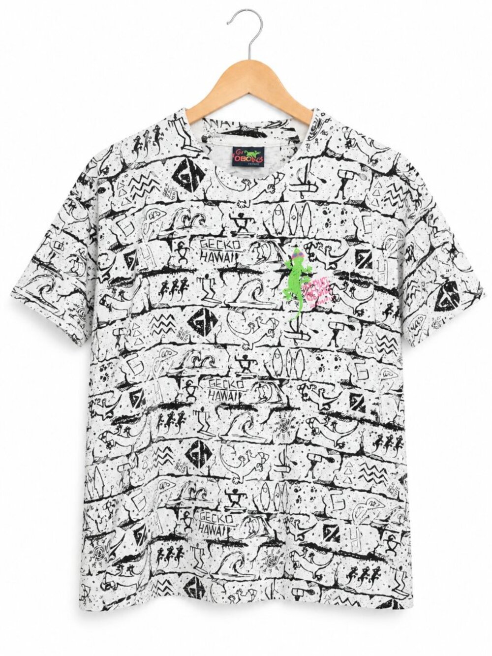 GECKO HAWAII | Vintage 90s Black & White Abstract Graphic Tee Shirt – Men Large